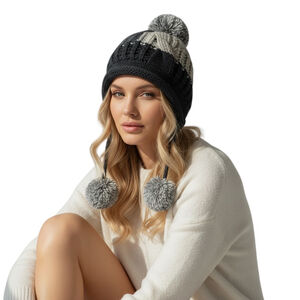 Winter Trapper Hat Knit Pom Pom Ear Flap Beanie Navy Blue Gray Cold Weather OS